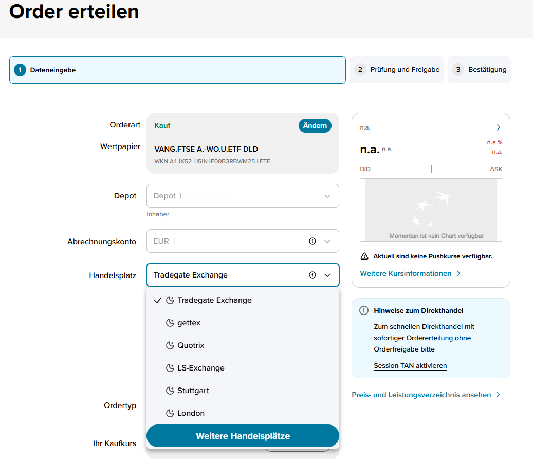 Beispiel für die Auswahl des Handelsplatzes
