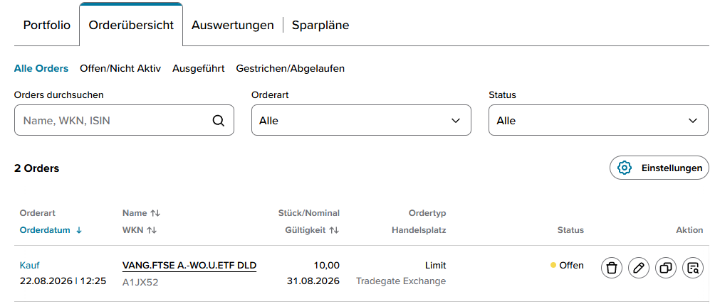 Beispiel für eine Orderübersicht
